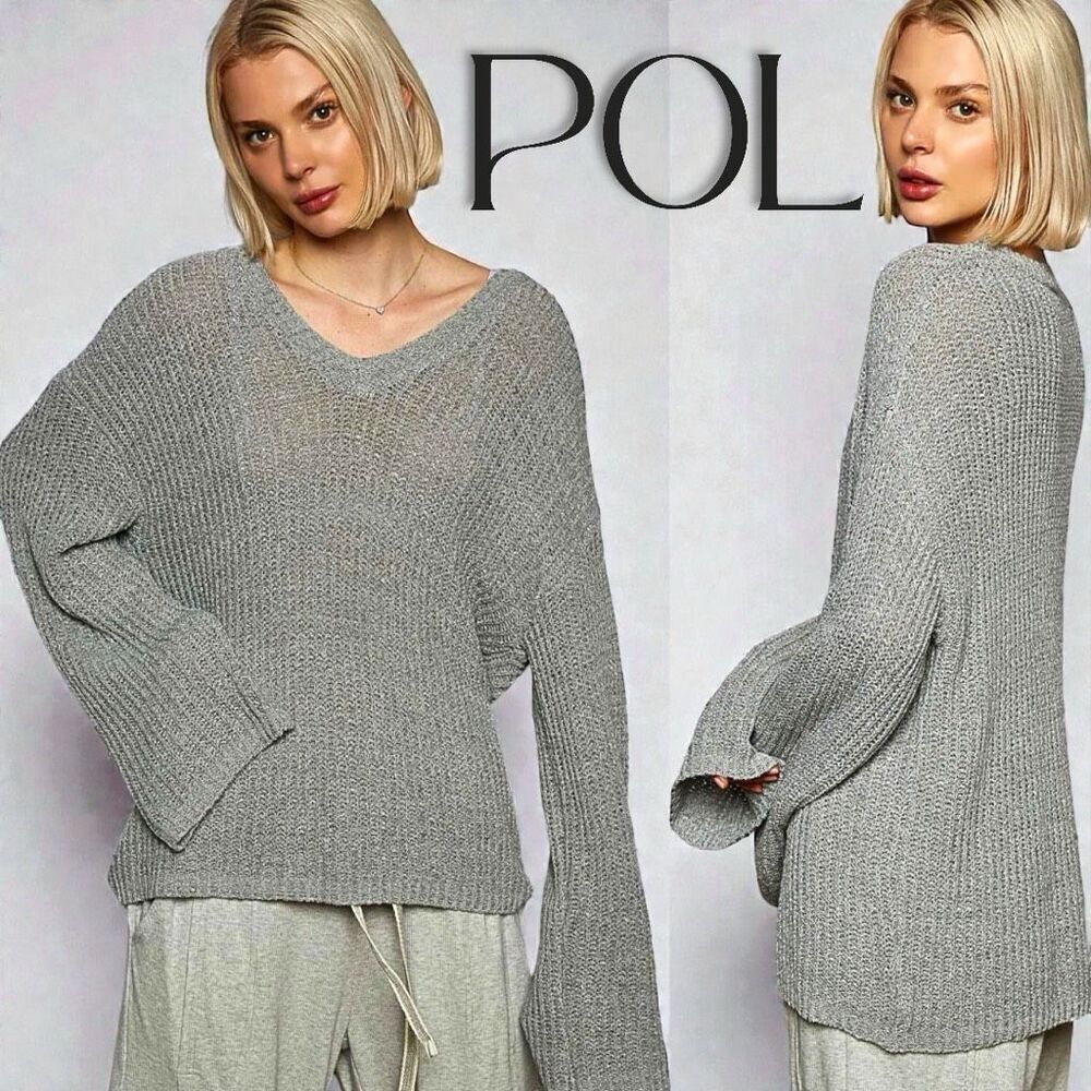 POL Gray Oversized V-Neck Knit Top Pullover Sweater Size Medium NEW